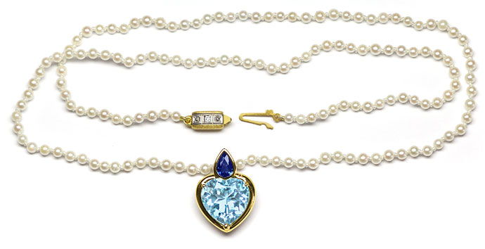 Foto 1 - Blaues Topas Herz und Safir Clipanhänger an Perlenkette, R8910